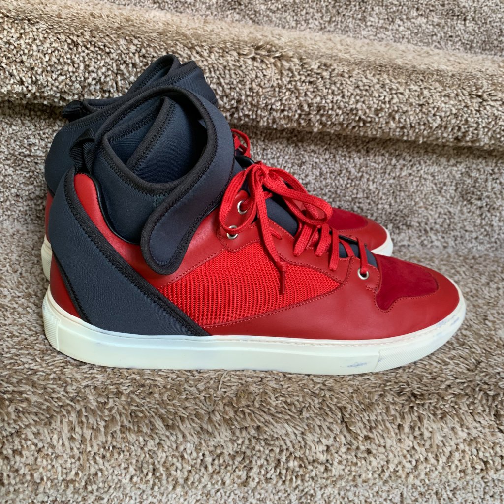 Balenciaga Men's Red Round-Toe Leather Mesh Accents High Top Sneakers